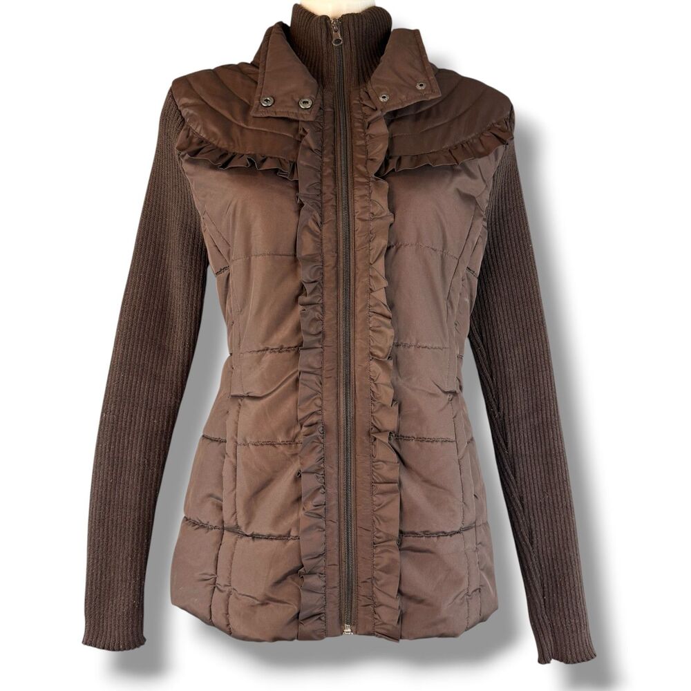 Y2K Brown Preppy Ruffled Detailing Jacket W/ Ribbed Knit Sleeve Coquette Size L